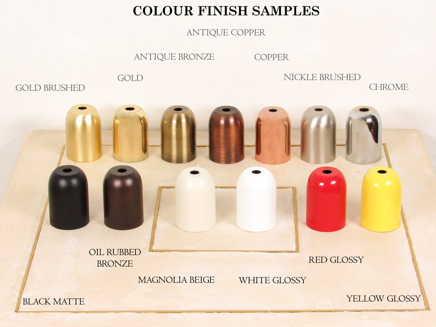 Color finish samples including antique copper, gold, antique bronze, nickel, chrome, oil rubbed bronze, magnolia beige, white glossy, red glossy and yellow glossy