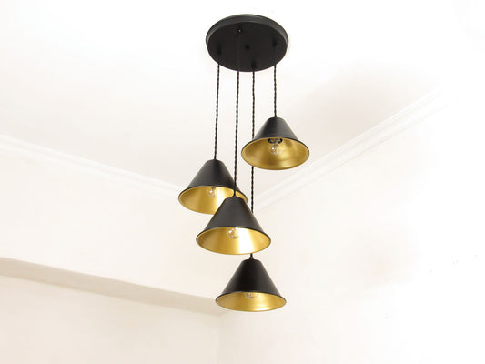 Handmade 4-light cluster chandelier, matte black with gold interior shades, Athens Lightworks
