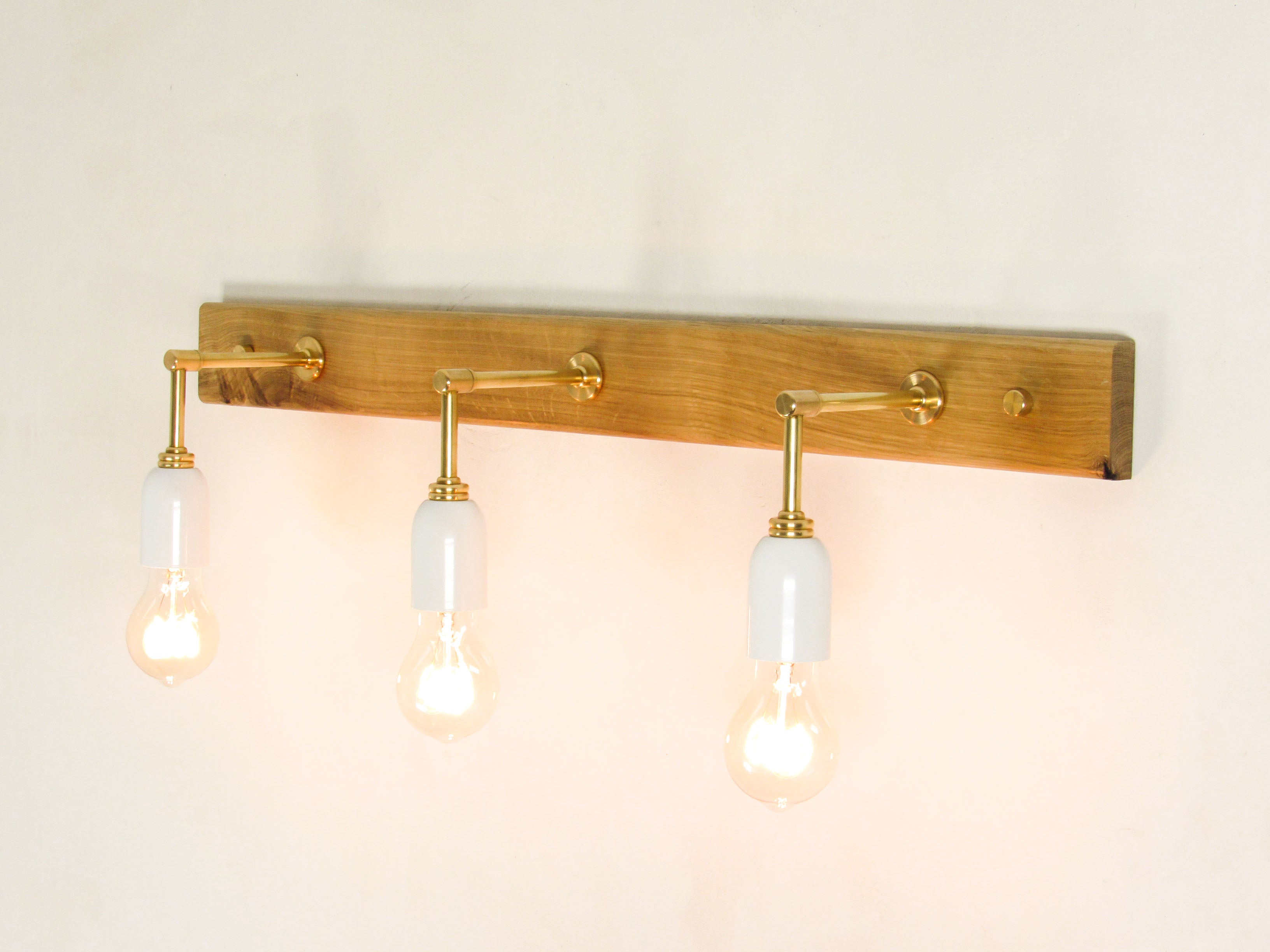 Triple Wood Modern Brass Wall Sconce - WHITE CUPS - OPEN LAMPS