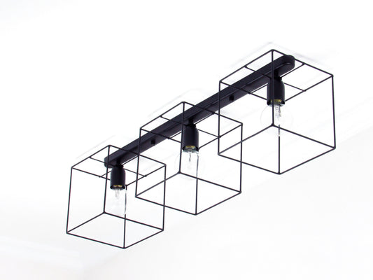 3 Light Cubic Cage Ceiling Fixture in Line - BLACK VERSION