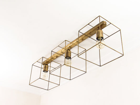 3 Light Cubic Cage Ceiling Fixture in Line - BRONZE VERSION