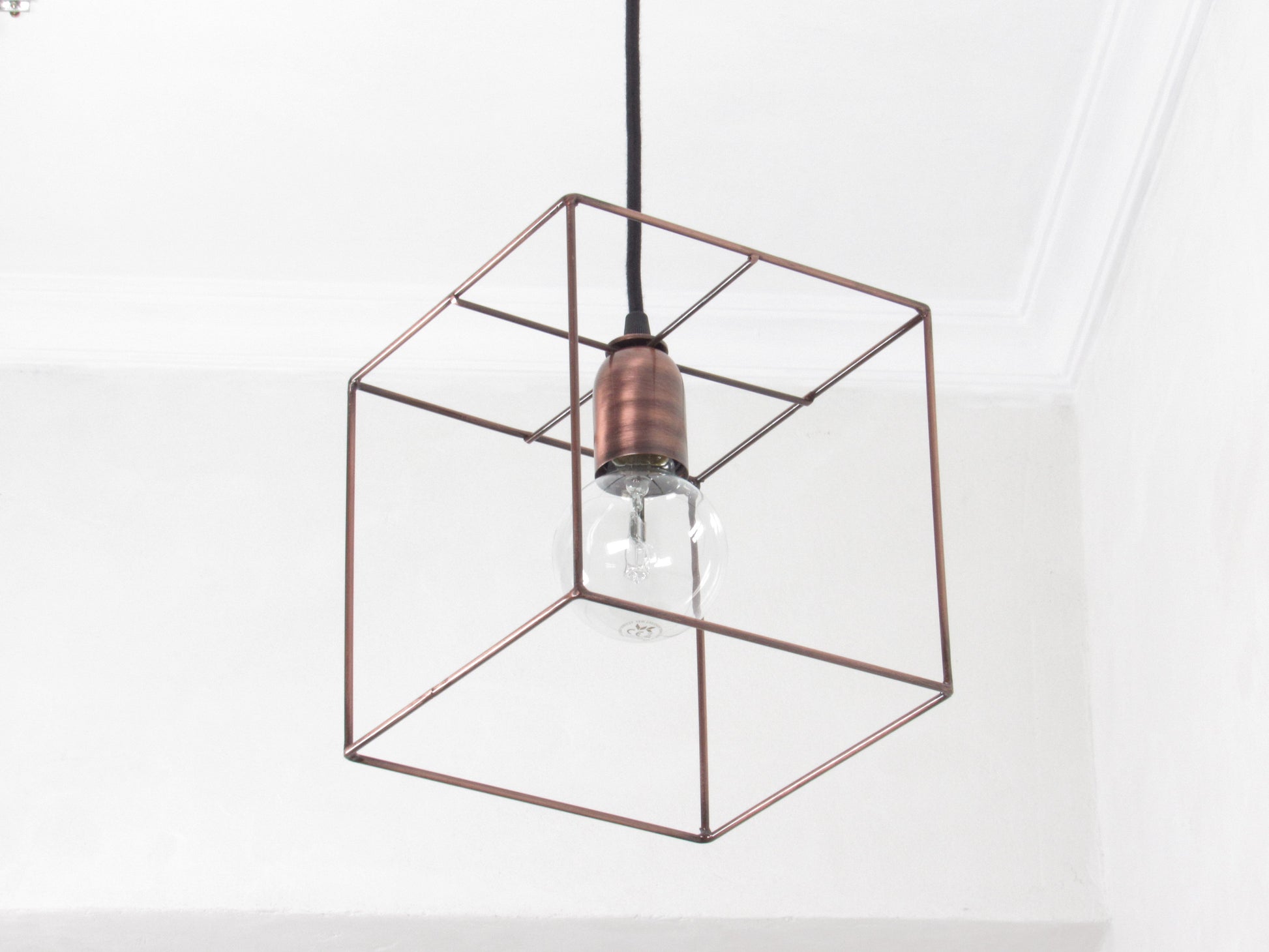 Handmade antique copper wire cube cage pendant light with Edison bulb, Athens Lightworks
