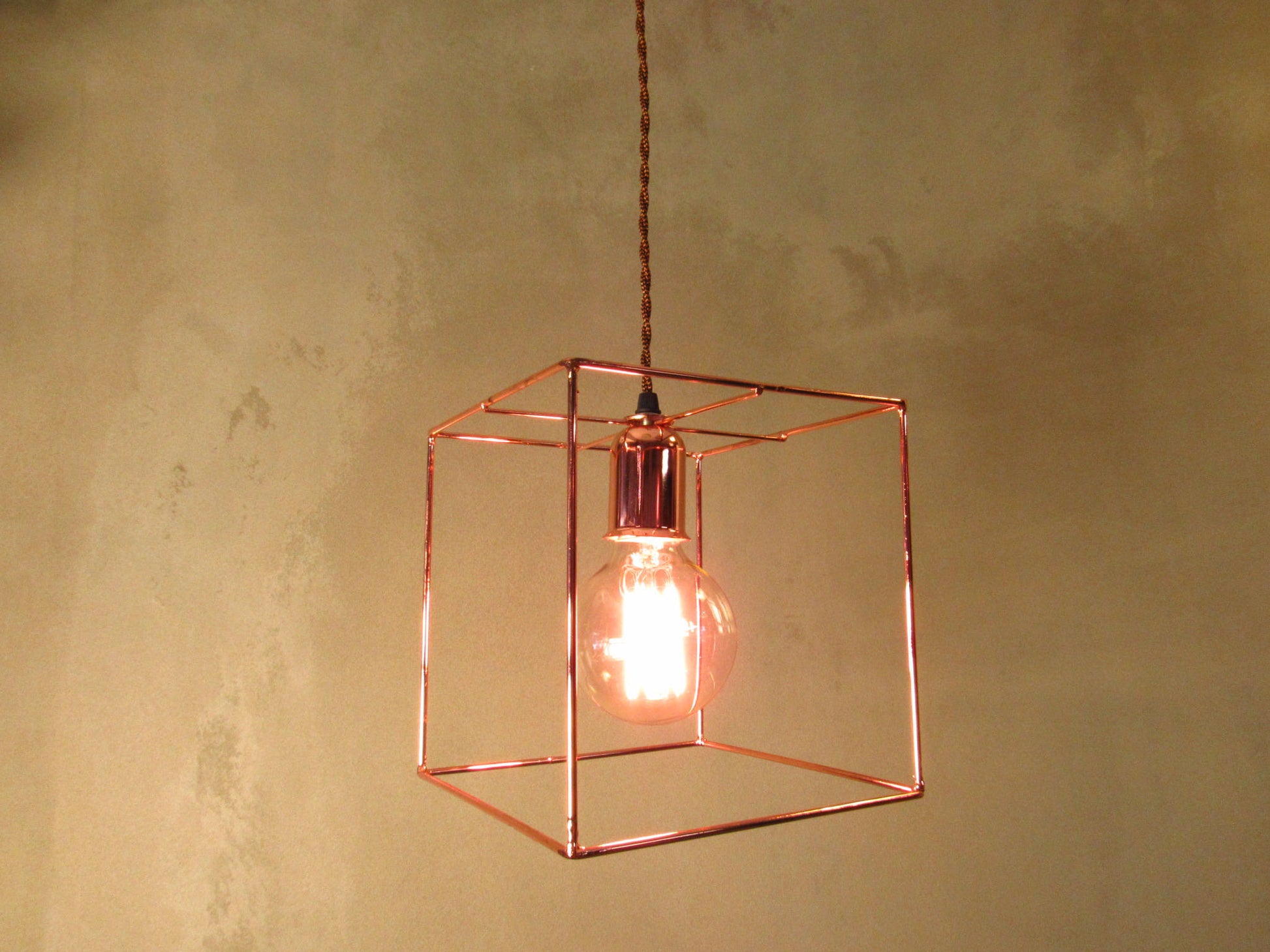Minimal Modern Cubic Cage Pendant - COPPER VERSION, Athens Lightworks